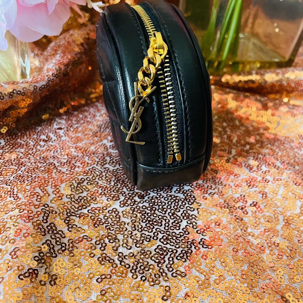 100% Authentic YSL Lambskin Leather Quilted Key Chain Pouch bag in Black